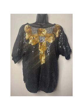 Luxury Vintage Pure Silk Top, Size Small, Heavily Sequined Black and Gold
